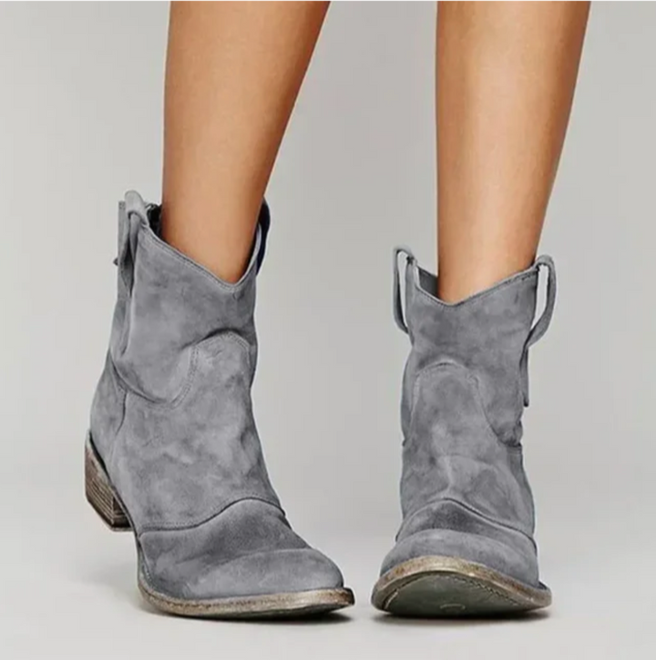 Graue Wildleder-Boots im Western-Stil mit niedrigem Absatz und Zugschlaufe