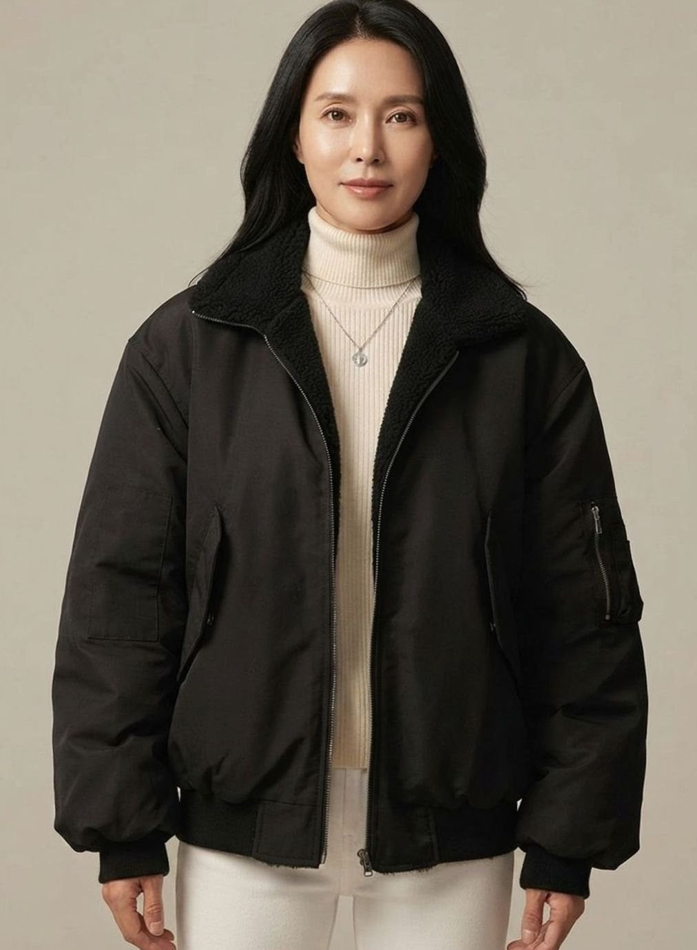 Schwarze Bomberjacke mit Fellkragen und cremefarbenem Rollkragenpullover