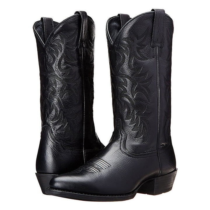 Schwarze Lederstiefel im Cowboystil mit spitzer Zehenpartie und Stickerei