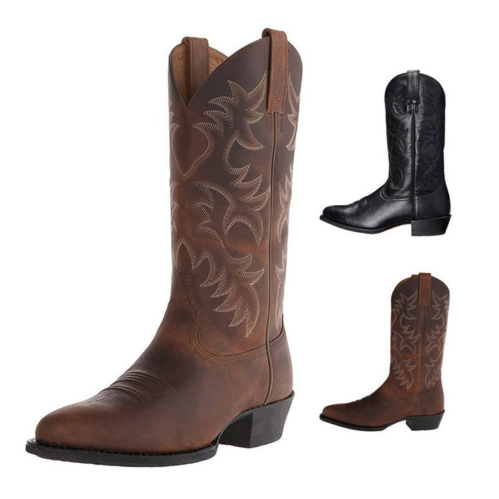 Cowboystiefel in Braun und Schwarz mit verzierten Schäften im Vergleich