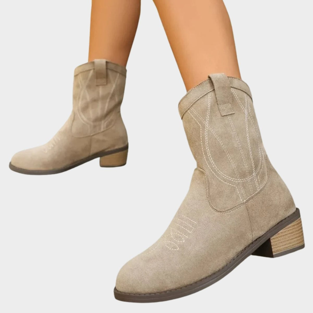 Taupefarbene Wildleder-Stiefeletten im Western-Stil mit Zugschlaufe