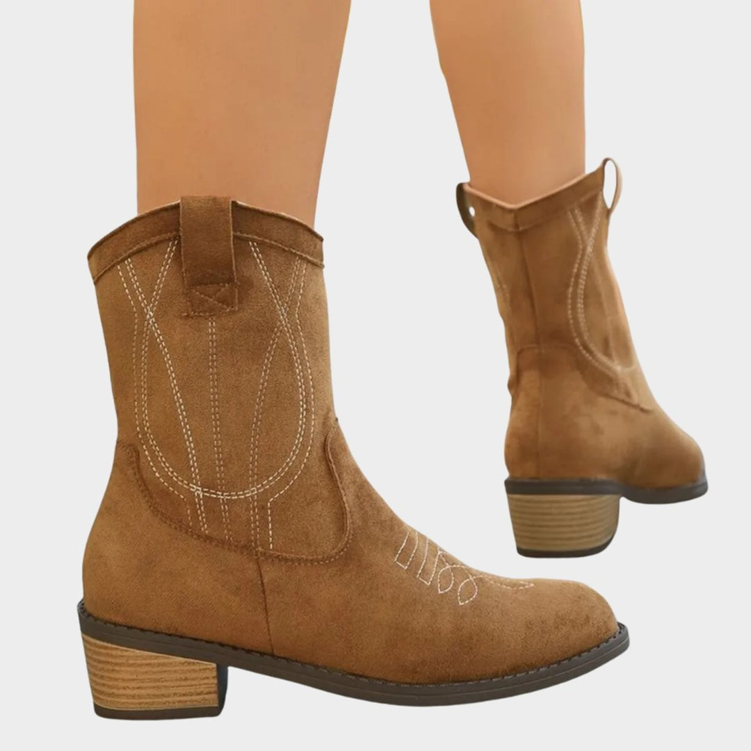Braune Ankle Boots im Western-Look, Vorder- und Rückansicht
