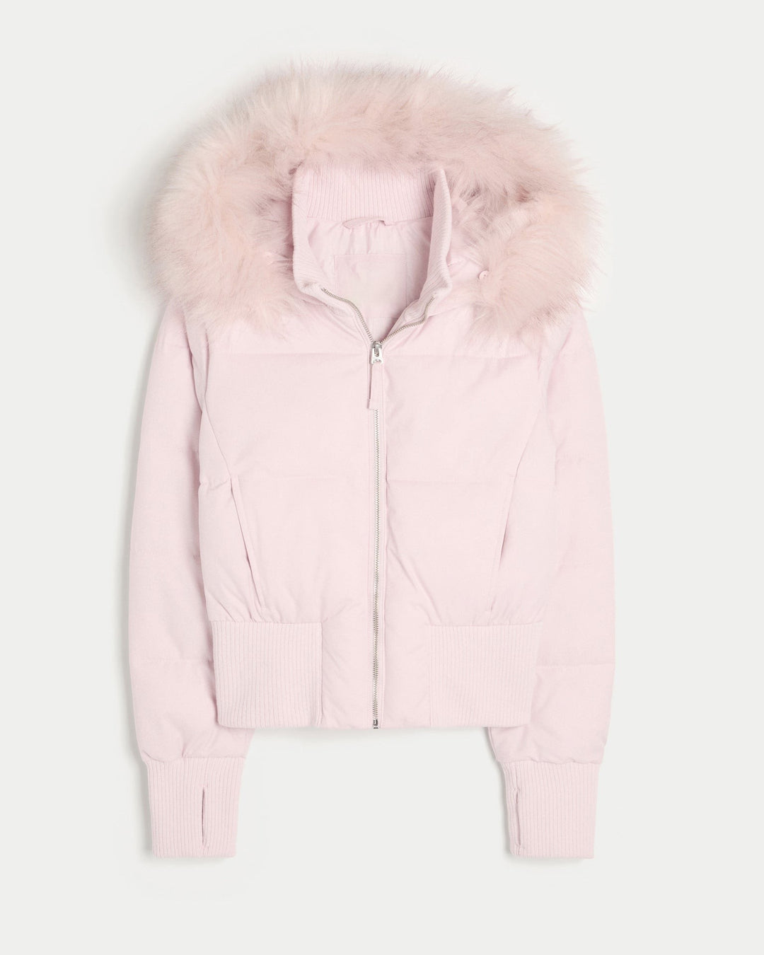 Rosa Cropped Pufferjacke mit Kapuze und rosa Kunstfellbesatz, Frontansicht