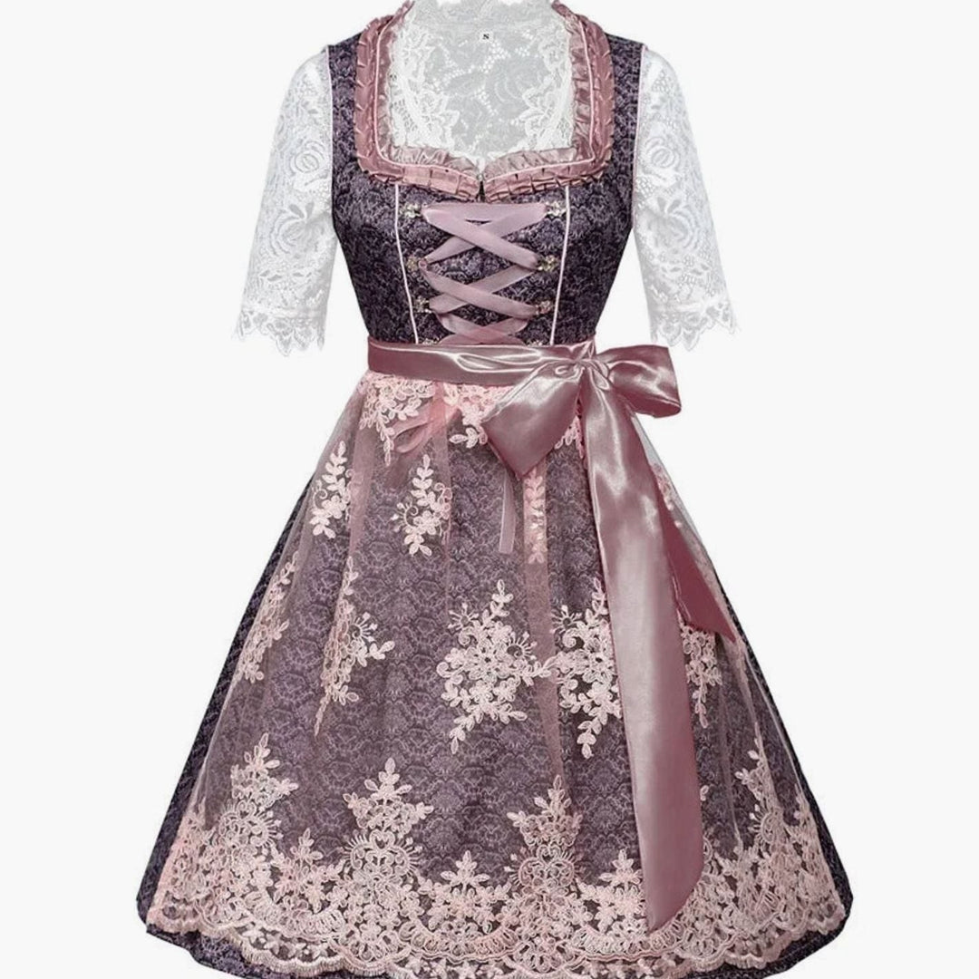Dreiteiliges Trachtenkleid mit Blumenspitze, Schnürung und rosa Satinschleife