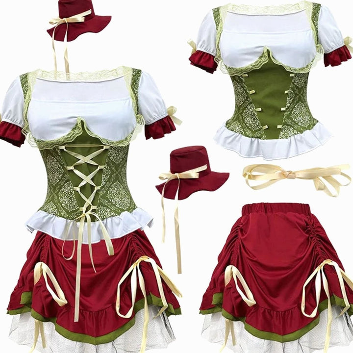 Dirndl-Set mit grünem Oberteil, rotem Rock, Hut und gelbem Schleifenband im Detail