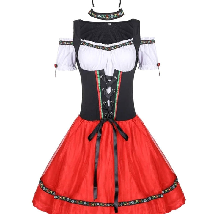 Dirndl-Oberteil mit Korsettschnürung, weißer Bluse und rotem Tüllrock, Vorderansicht