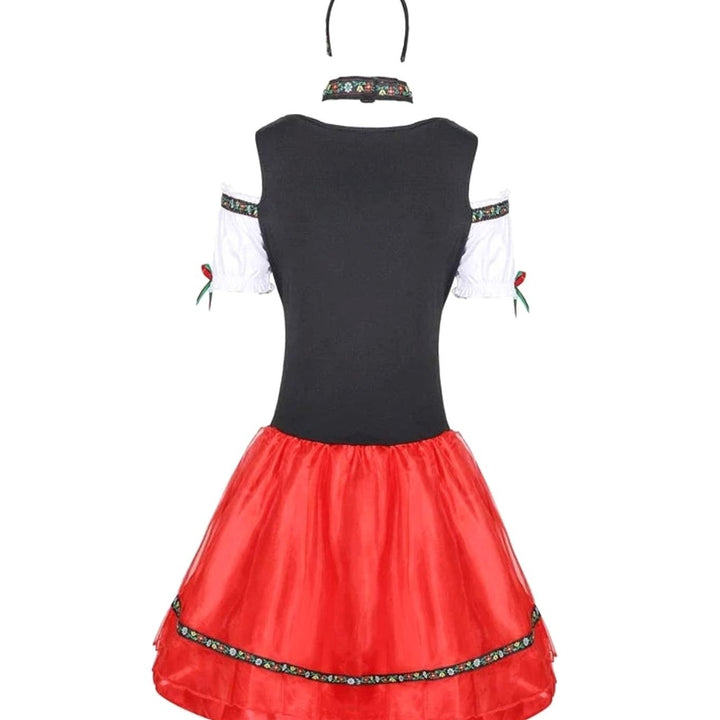 Dirndl-Kostüm mit Haarreif und Halsband, Rückansicht des schwarzen Oberteils