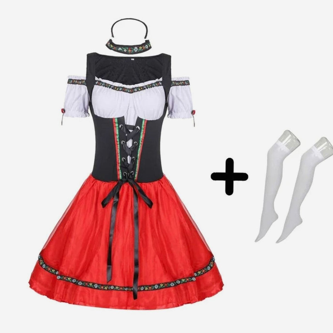 Oktoberfest-Kostüm-Set mit Dirndlkleid, Haarreif, Halsband und weißen Kniestrümpfen