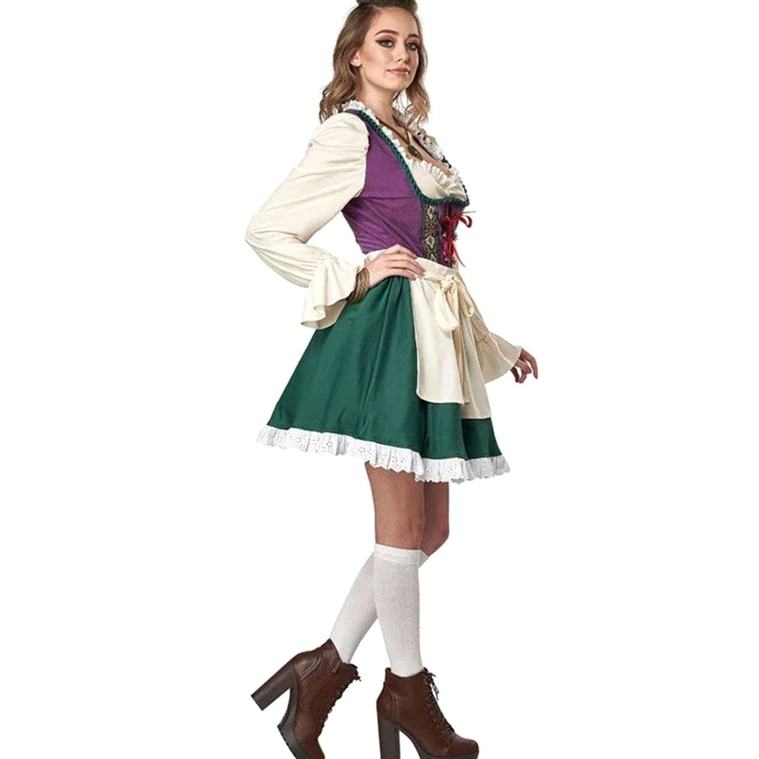 Dirndl kurz in Grün-Violett mit Schürze und langärmliger Bluse, Seitenansicht