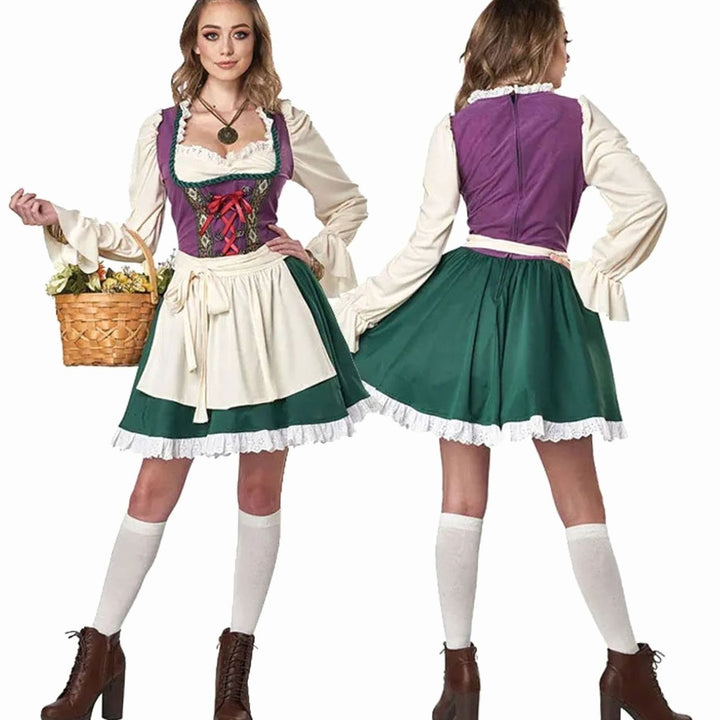 Trachtenkleid mit Schürze von vorne und hinten, grün-violettes Dirndl mit Schnürung