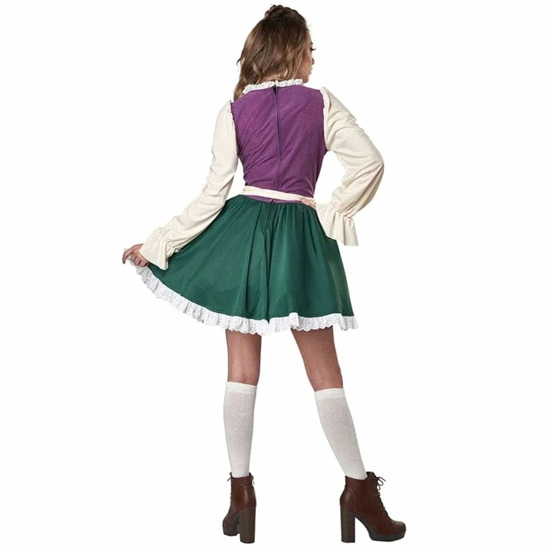 Rückansicht des grün-violetten Trachtenkleids mit Reißverschluss und Rüschensaum