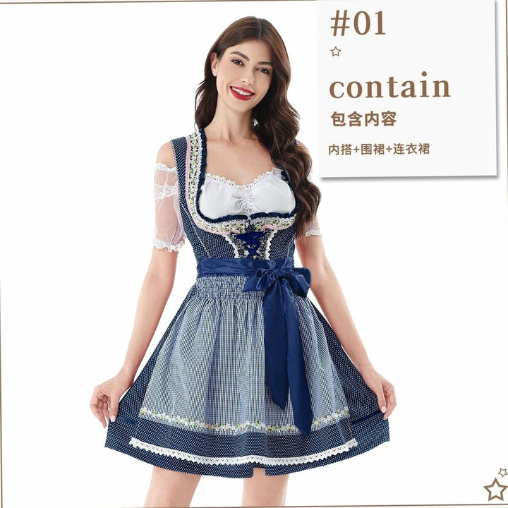 Trachtenkleid dreiteilig mit Bluse, karierter Schürze und blauem Dirndl-Rock