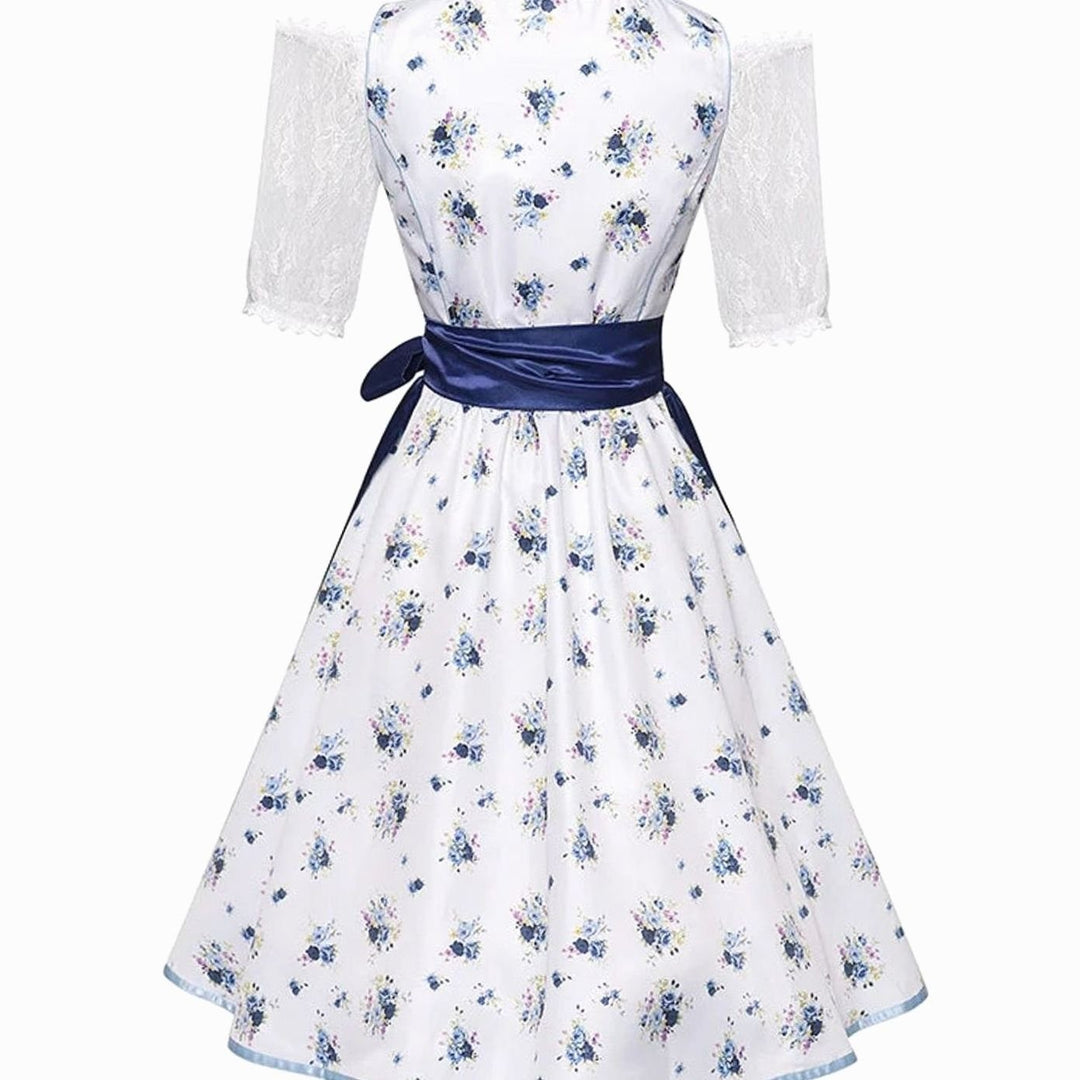 Dirndlkleid mit blauem Blumenprint und Satinschleife, Rückenansicht