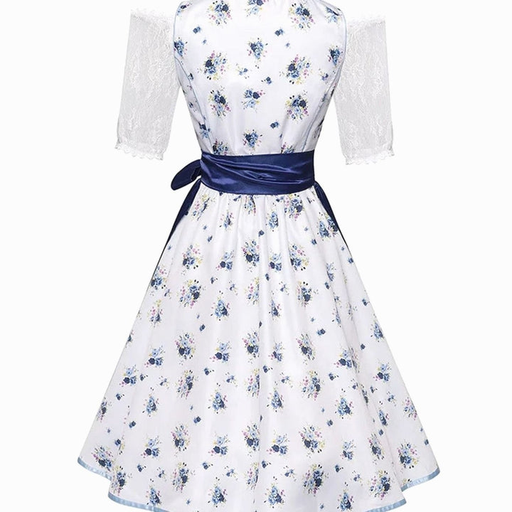 Dirndlkleid mit blauem Blumenprint und Satinschleife, Rückenansicht