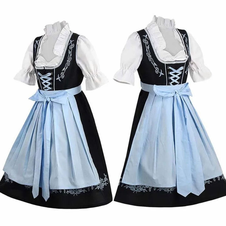 Dirndl-Set schwarz mit hellblauer Schürze und weißer Rüschenbluse