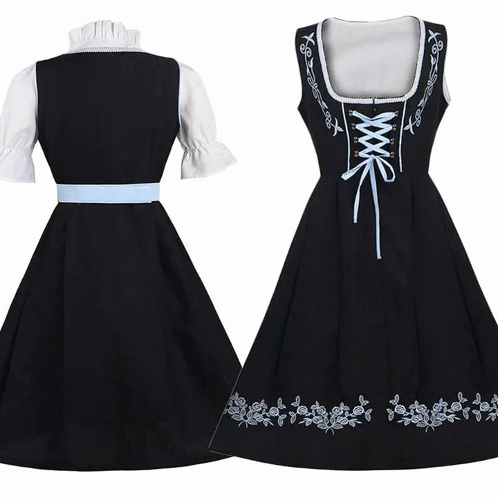 Dirndl-Kleid schwarz mit floraler Stickerei und Schnürung am Mieder