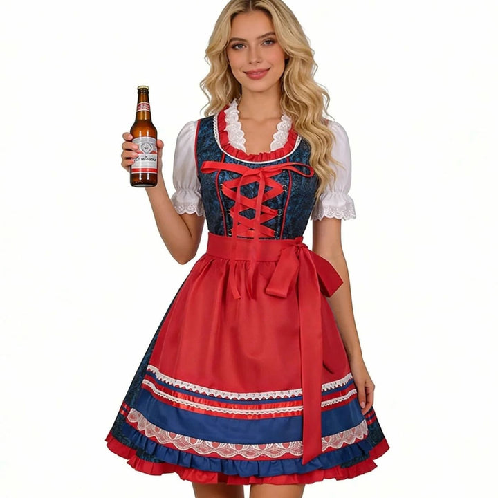 Dirndl-Set in Blau mit roter Schürze und Spitzenbluse, Kreuzschnürung vorne