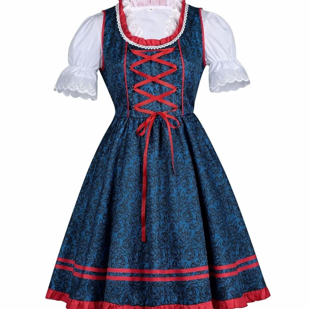 Blaues Dirndl mit floralem Muster und roter Schnürung im Detail
