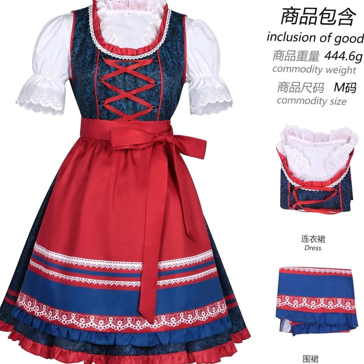 Set-Übersicht Dirndl-Kleid mit Schürze und Spitzenbluse in Blau-Rot