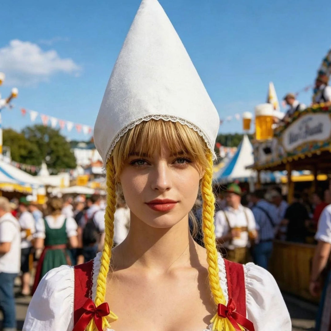 Modell mit weißer Trachtenhaube und geflochtenen Zöpfen beim Oktoberfest