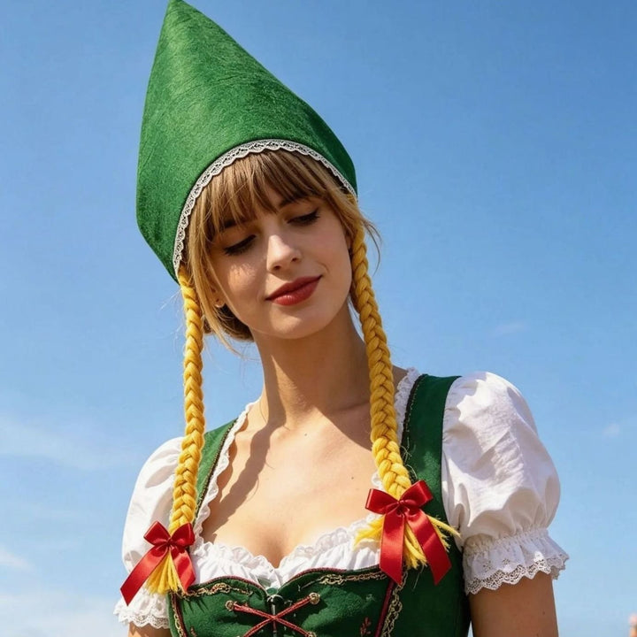 Grüne Trachtenhaube mit Spitzenbesatz und gelben Zopfbändern