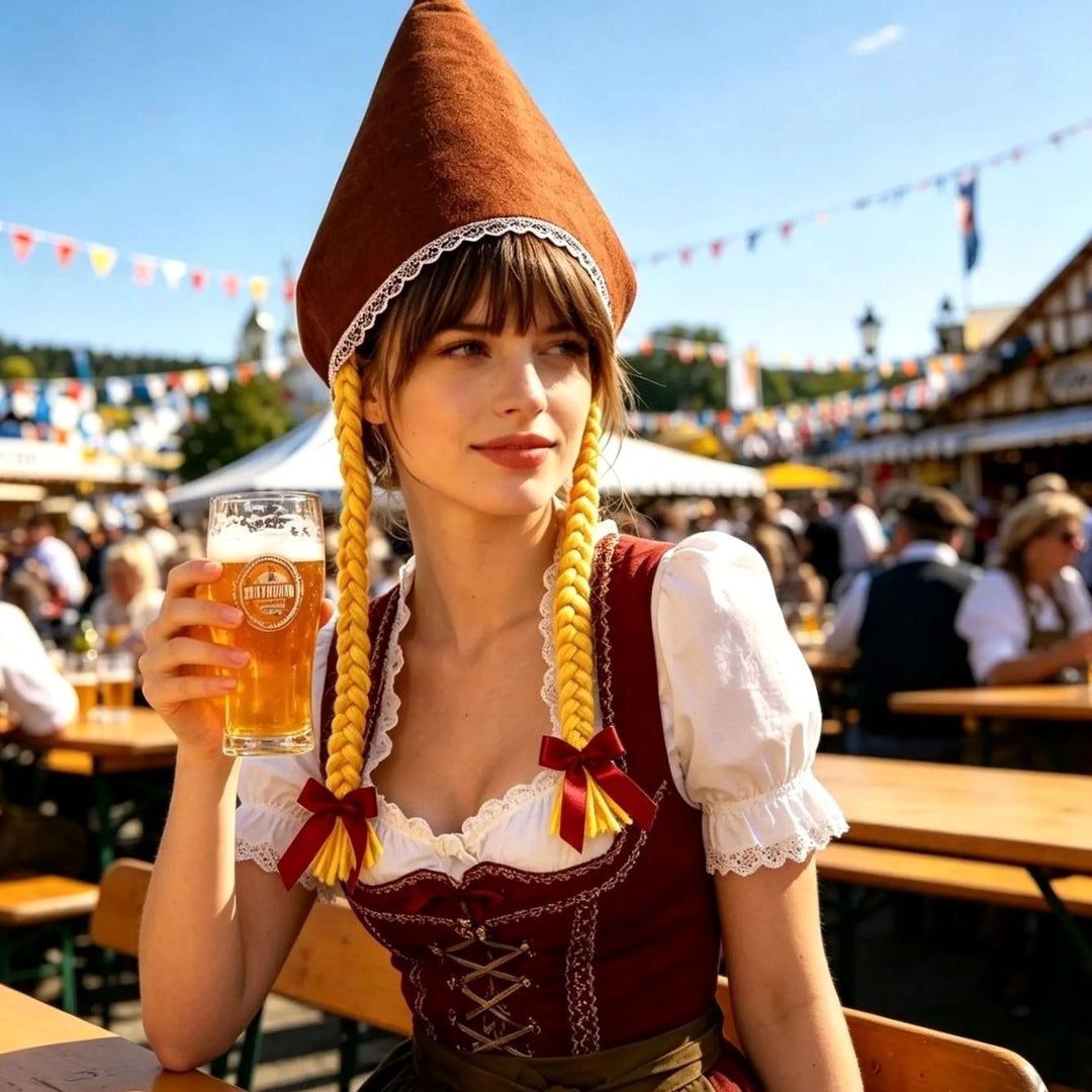 Braune Trachtenhaube kombiniert mit rotem Dirndl-Oberteil beim Biertrinken