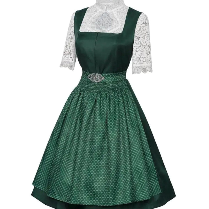 Grünes Dirndl-Kleid mit gepunkteter Schürze und Spitzenbluse, Vorderansicht