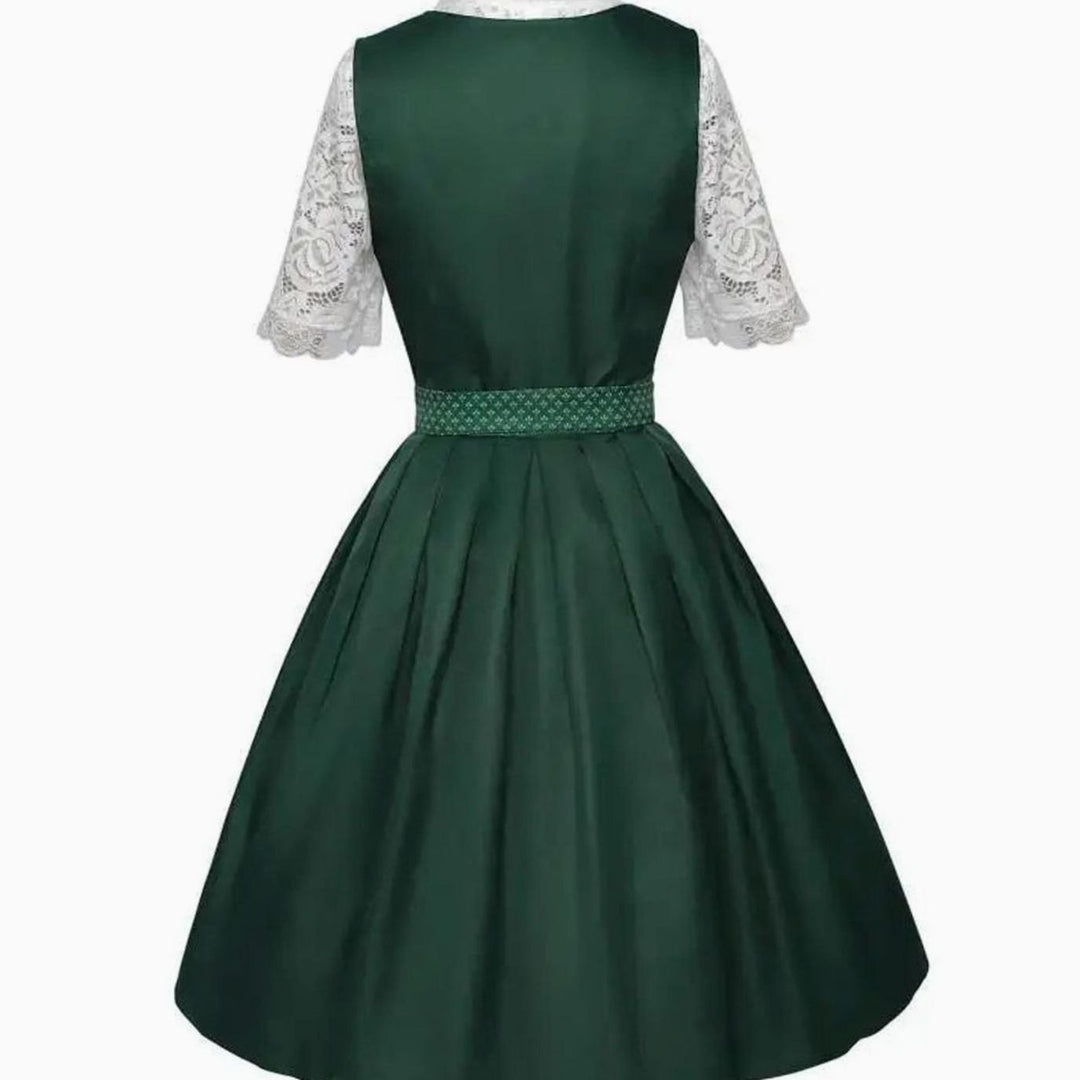 Grünes Dirndl-Kleid mit Spitzenbluse, Rückansicht mit gemustertem Taillenband