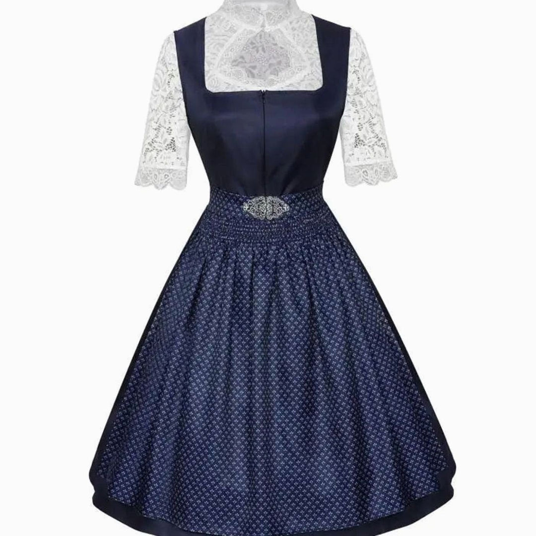 Dunkelblaues Dirndl-Set mit gepunkteter Schürze und Spitzenbluse, Vorderansicht