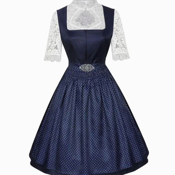 Dunkelblaues Dirndl-Set mit gepunkteter Schürze und Spitzenbluse, Vorderansicht
