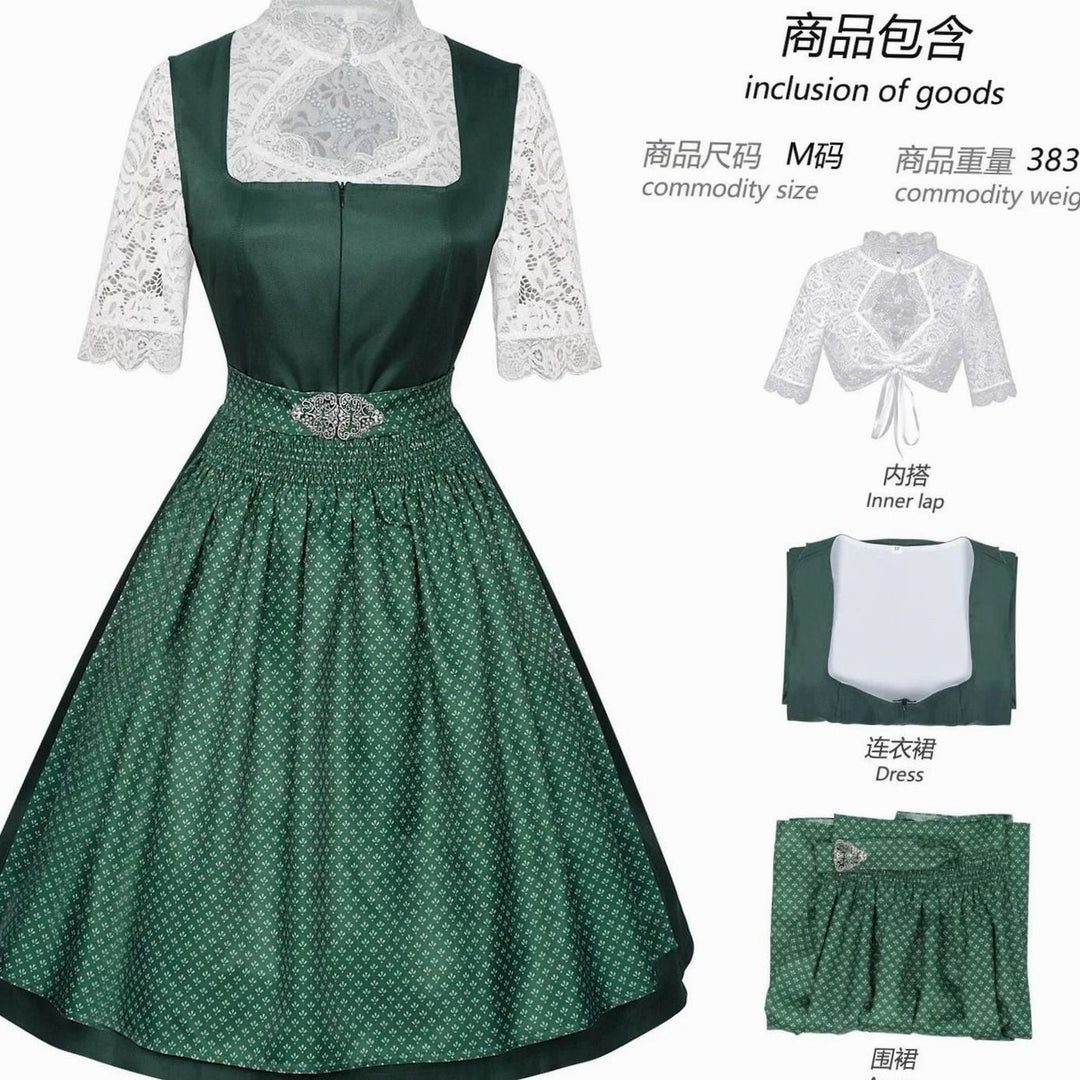Grünes Trachten-Dirndl-Set mit Spitzenbluse und Schürze, Lieferumfang im Überblick