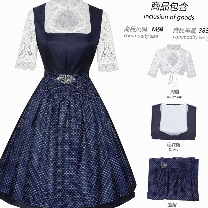 Dunkelblaues Trachten-Dirndl-Set mit Spitzenbluse und Schürze, Lieferumfang im Überblick