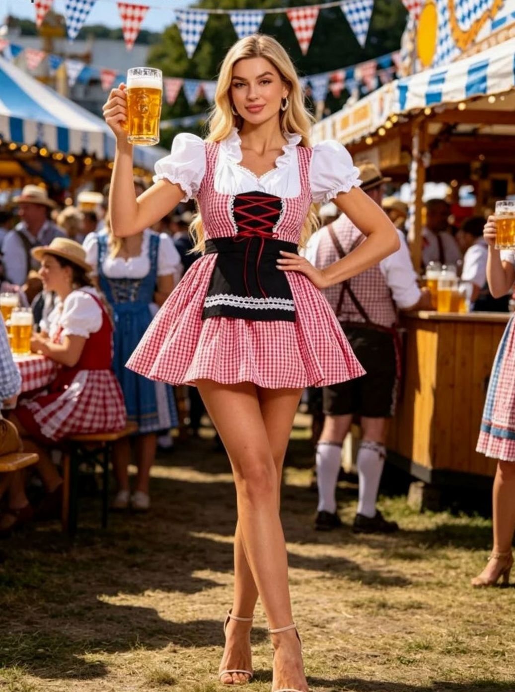 Rot-weiß kariertes Dirndl-Minikleid mit schwarzer Schürze und Spitzenbesatz