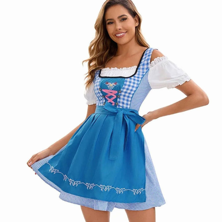 Dirndl Kleid kariert blau-weiß mit Schürze und rosa Schnürung