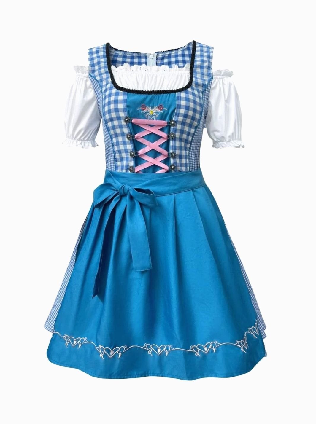 Dirndl Kleid Vorderansicht mit karierter Bluse und Schleifenband