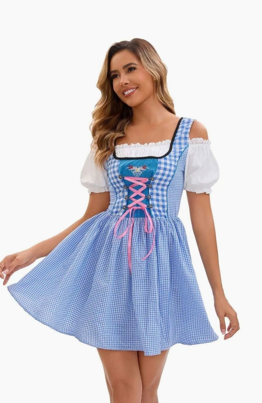 Dirndl Kleid ohne Schürze in Blau-Weiß mit rosa Schnürung