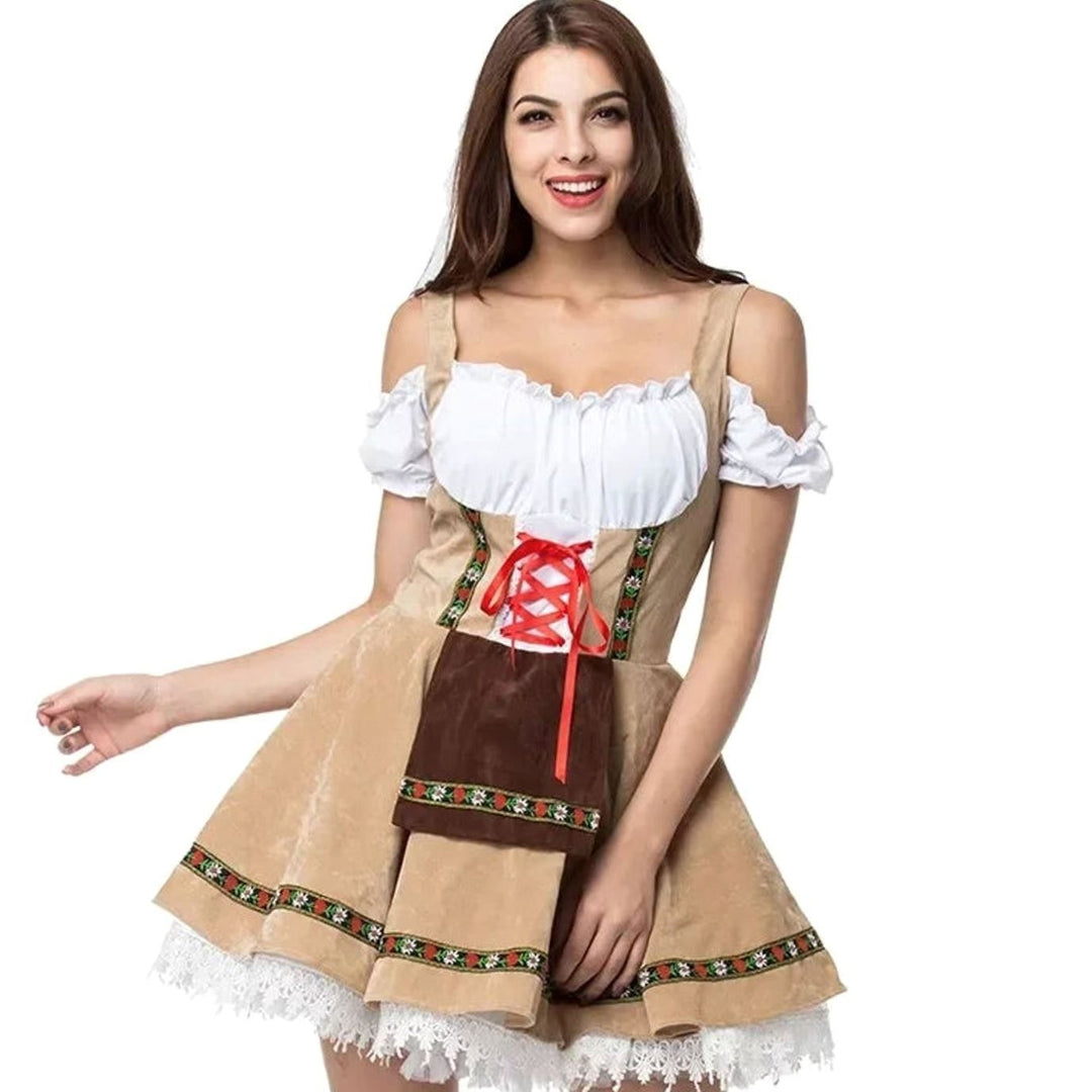 Oktoberfest-Dirndl mit Spitzensaum und brauner Schürze in Frontansicht