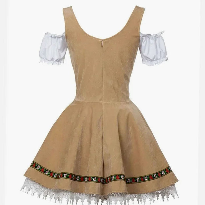Rückansicht des Dirndl-Kostüms mit Spitzenbesatz und Puffärmeln