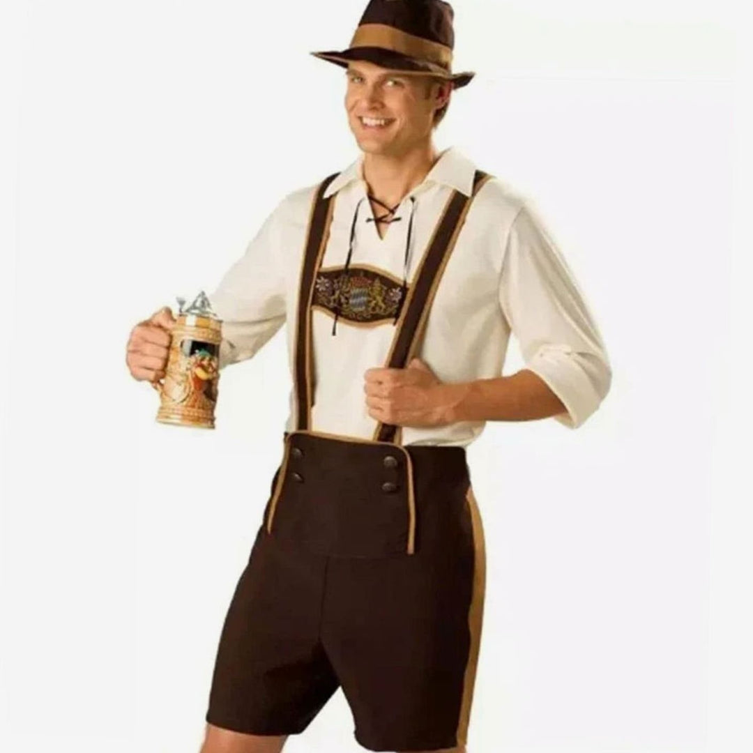 Herren-Lederhose mit Trägern, Trachtenhemd und Hut zum Oktoberfest