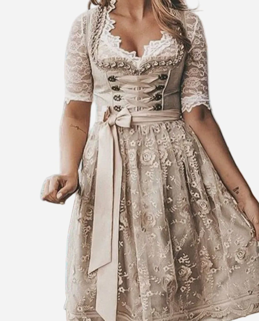 Beiges Dirndlkleid mit Spitzenbluse, Schnürmieder und floraler Stickerei