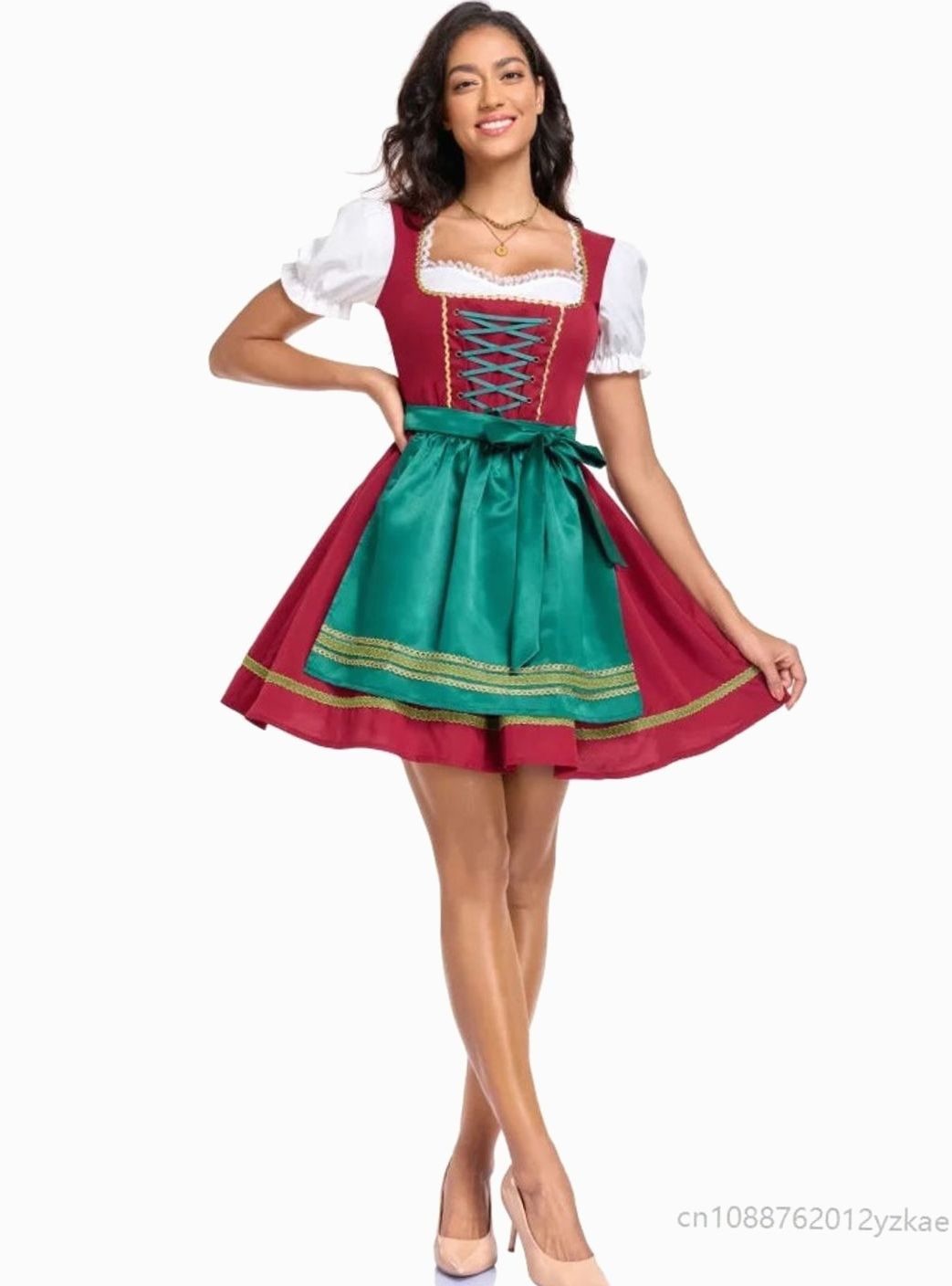 Dirndl Minikleid in Rot mit weißer Bluse und grüner Schürze, Frontansicht