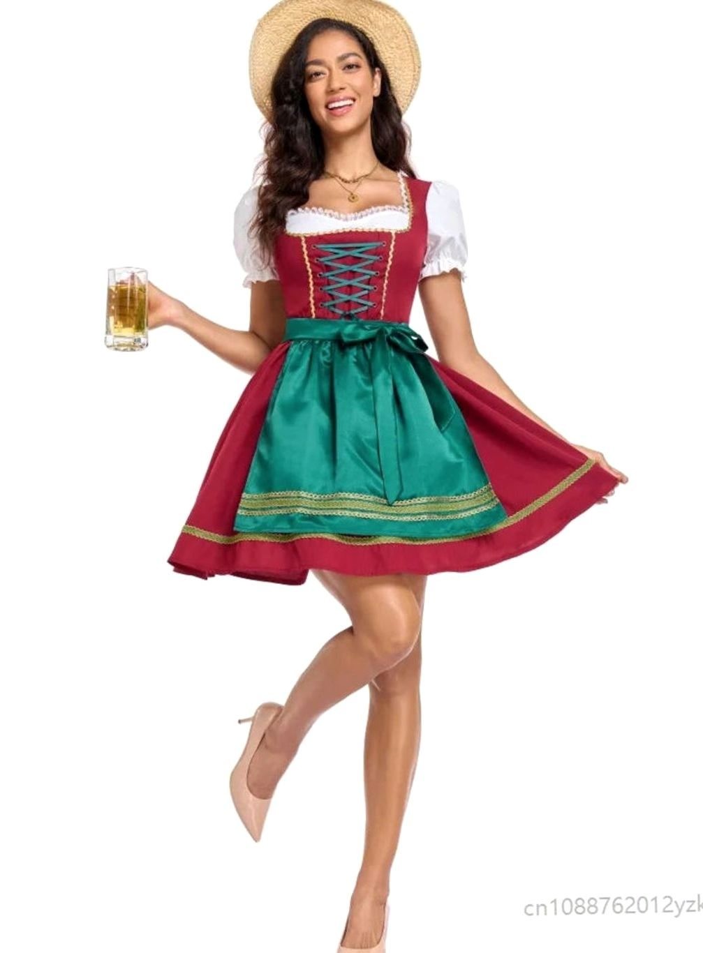 Damen Oktoberfest Kostüm mit Bierkrug, rotes Dirndl und grüne Schürze