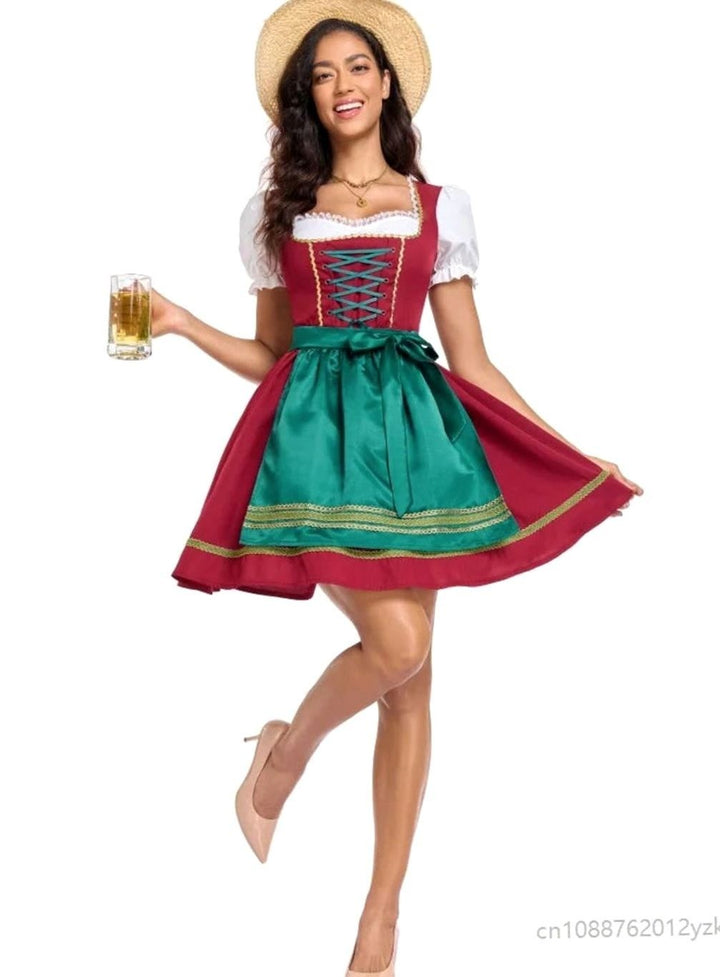 Damen Oktoberfest Kostüm mit Bierkrug, rotes Dirndl und grüne Schürze