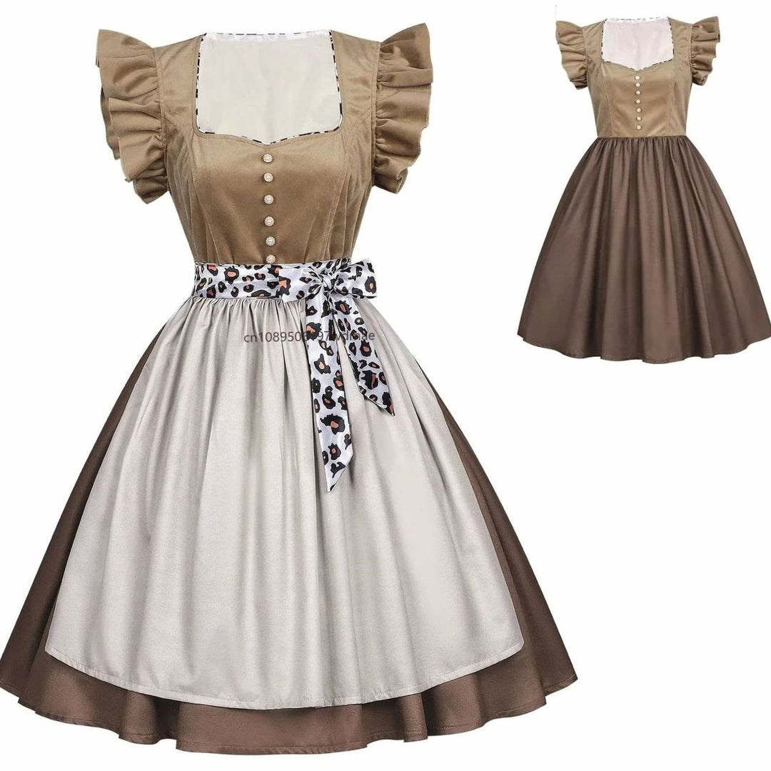 Dirndlkleid mit Leopardenprint-Schürzenband, Perlmuttknöpfen und zweifarbigem Rock