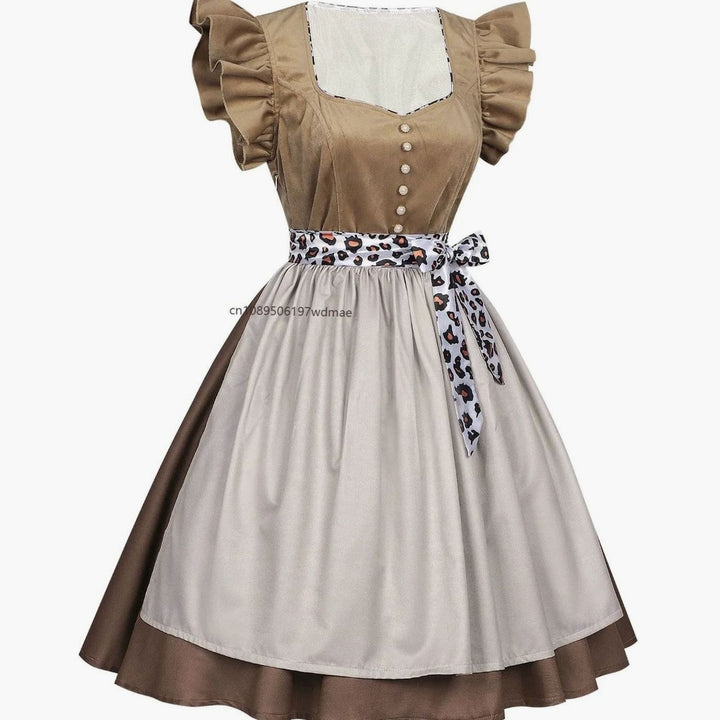 Trachtenkleid mit Rüschenärmeln, Leoparden-Bindeband und cremefarbener Schürze