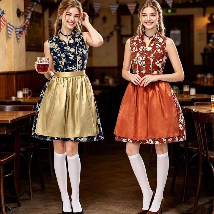 Dirndl-Minikleid mit Blumenmuster in Marineblau und Rostrot mit Schürze, Oktoberfest-Look