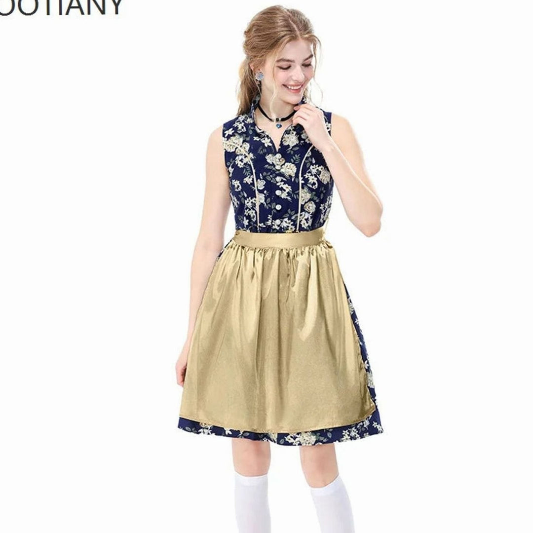 Ärmelloses Dirndlkleid in Marineblau mit Blumenmuster und goldener Schürze