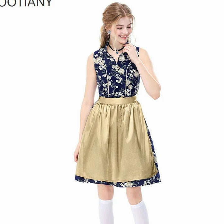 Ärmelloses Dirndlkleid in Marineblau mit Blumenmuster und goldener Schürze