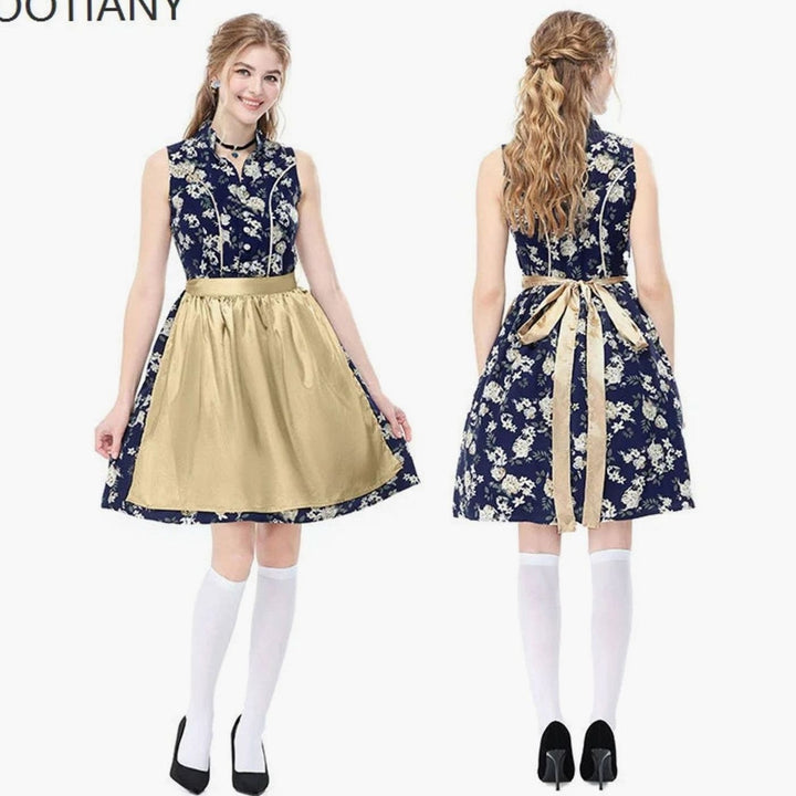 Marineblaues Blumen-Dirndlkleid mit goldener Schürze, Vorder- und Rückansicht