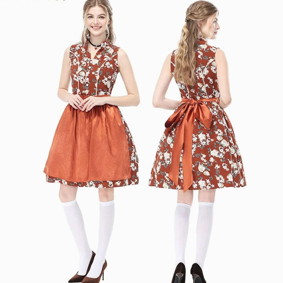 Rostrotes Blumen-Dirndlkleid mit Schleifenschürze, Vorder- und Rückansicht